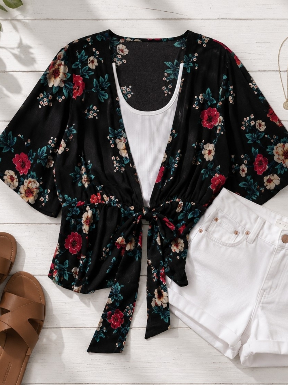 Boho Floral Kimono Sleeve Wrap Top Black Pink Teal Tie Front Peplum Blouse Women - Picture 3 of 8